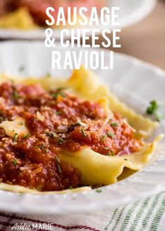 sausage and cheese ravioli on a plate with parmesan bread in the background