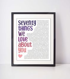 a framed book page with the words seventy things we love about you