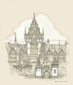 an ink drawing of a castle with turrets