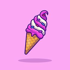 an ice cream cone with pink icing and sprinkles on a purple background