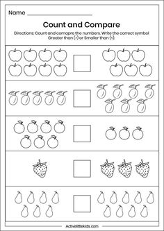 Count and compare worksheet Comparing Numbers Kindergarten, Comparing Numbers Worksheet, Preschool Counting Worksheets, Kindergarten Math Worksheets Addition, Number Worksheets Kindergarten, Preschool Number Worksheets, Numbers Worksheet, Kindergarten Worksheets Free Printables, Mathematics Worksheets