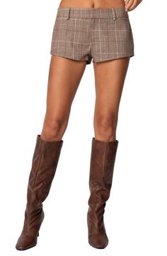 Polished plaid adds a preppy touch to these low-rise woven shorts cut to an ultraleggy length. Zip fly with hook-and-bar closure 100% polyester Machine wash, dry flat Imported Wwe T Shirts, Brown Fits, Low Rise Shorts, Silver Shoes, Plaid Shorts, Patterned Fabric, Knitted Tank Top, Sheer Lace, S Models