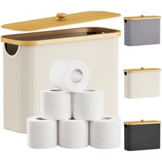 several rolls of toilet paper are stacked in front of a box