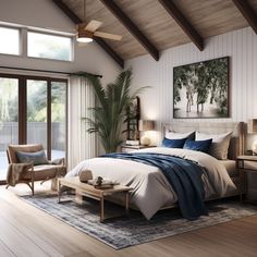 a bedroom with a large bed and wooden floors