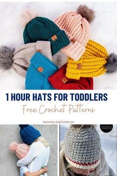 These are easy crochet hat patterns for kids, that are simple and quick enough to make in 1 hour! The crochet hats are soft and cosy. Visit dailycrochet.com for more easy and free crochet patterns. Crochet Kids Hats Free, Crochet Boys Hat Free Pattern Kids, Toddler Hat And Scarf Crochet Pattern Free, Crochet Hat Toddler Boy, Crochet Childs Hat, Crochet Hats For Toddlers Free Patterns, Crochet Hats For Toddlers, Crocheted Hats For Kids, Free Crochet Toddler Hat Pattern