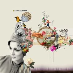 a woman wearing a hat with birds and flowers on it's head, surrounded by other images