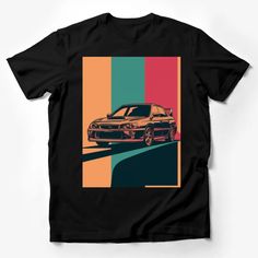 a black t - shirt with an image of a car on the road in front of colorful