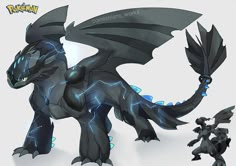 an animated image of a black dragon with blue eyes and tail, standing next to another creature