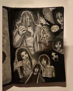 an open book with pictures of people and monsters on the pages, in black and white