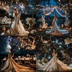 a collage of photos with the theme of snow queen and fairy prince in their wedding gowns