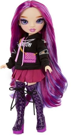 a doll with long purple hair wearing boots and a black sweater, standing on a white background