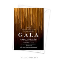 a black and gold celebration party card with the word gala on it