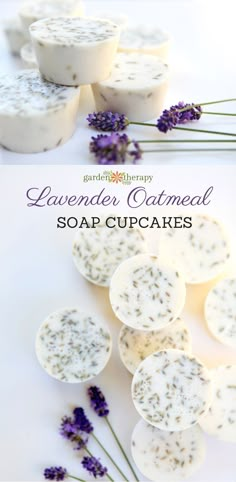 lavender oatmeal soap cupcakes on a white surface with flowers in the background