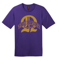 the bruhz t - shirt in purple with gold letters and an old school logo