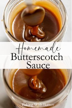 homemade butterscotch sauce in a glass jar with a spoon sticking out of it