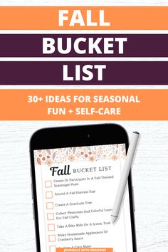 the fall bucket list is on top of a phone with an orange and purple background