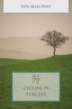 a tree on top of a green hill with the words art cycling in tuscany