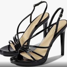 Shiny, Black, Strappy Heels Never Worn 3" Heel Black Synthetic Heels With Heel Strap, Fitted Black Heels With Zipper Closure, Black Riveted Heels For Party, Guess Heels Black, Guess Heels, Black High Heel T-strap Sandals With Removable Insole, Guess Shoes, Strappy Heels, Shoes Women Heels