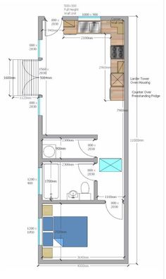 the floor plan for a small apartment with stairs and an open kitchen area in it