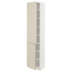 a tall white cabinet with two doors on the front and one door open to reveal an empty shelf