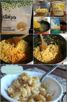 the ingredients for macaroni and cheese are shown in this collage, including cheesy