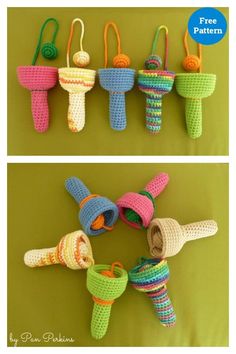 crocheted ice cream cones are lined up on a green surface with the words free pattern