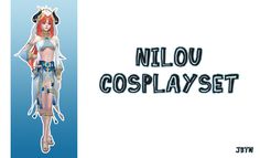 an image of a woman in costume with text overlaying her body and the words nilou cosplay set