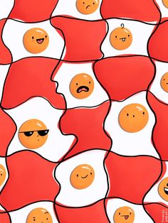 an image of eggs with faces on them in red and white colors, as well as the words happy