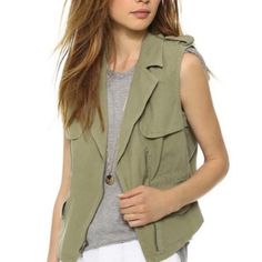 Madewell Green Vest The Length Is Approx. 22” Khaki Vest For Ladies For Fall, Spring Military Vest With Pockets, Utility Style Tops For Spring Layering, Utility Tops For Layering In Spring, Spring Utility Tops For Layering, Summer Outerwear With Pockets For Layering, Summer Layering Outerwear With Pockets, Military Style Khaki Vest For Spring, Khaki Military Vest For Spring