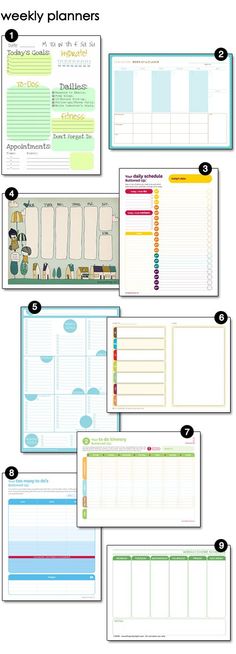 the printable weekly planner is shown in four different colors and sizes, including one for each