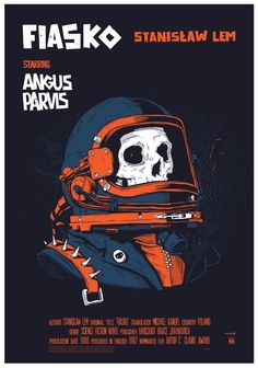 a poster with a skull wearing an orange helmet