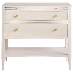 a white dresser with two drawers and one drawer on the bottom, in front of a white background