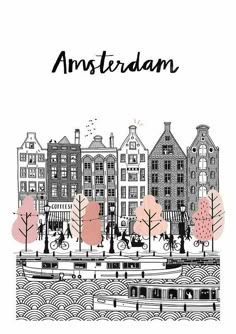 an illustrated card with the words amsterdam in black and white