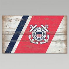 an old wooden sign with the flag of united states coast guard painted on it's side