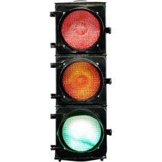 a traffic light with two red and one green lights on each side, isolated against a white background