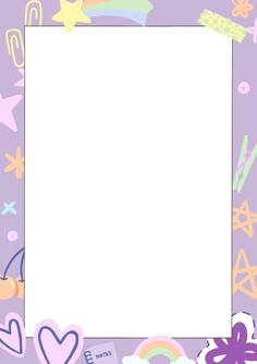 a white square frame surrounded by hearts, stars, and other items on a purple background