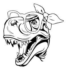 the head of a dinosaur with a bow in its mouth, black and white drawing