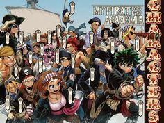 a group of anime characters with swords in front of a pirate ship and the words, my pirates academy