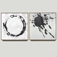 two black and white paintings on a wall next to each other, one with a circle drawn