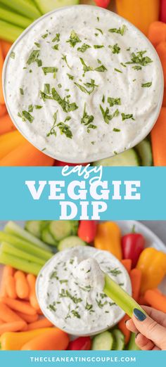 dip in a bowl with carrots, celery and other vegetables around it