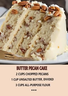 a piece of cake with white frosting and pecans on top is sitting on a plate