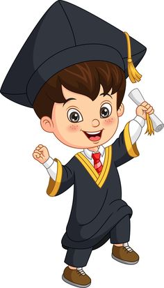 a young boy in graduation cap and gown with his hands up to the side, while holding