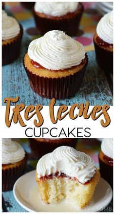 cupcakes with white frosting on top and the words tree's leaves written in