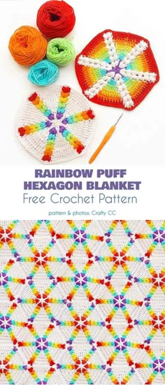 rainbow puff hexagon blanket and crochet pattern with the text overlay that reads, rainbow puff hexagon blanket free crochet pattern