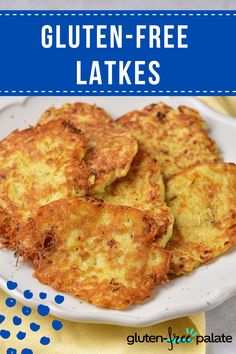 gluten - free latkes on a white plate with blue dots