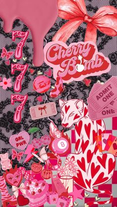 a collage of valentine's day stickers and paper hearts on black fabric