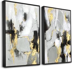 two black and white abstract paintings with gold paint on them, each one has a different color