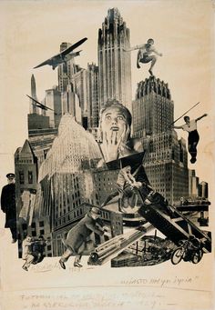 an old drawing of a man surrounded by birds and other people in the city with skyscrapers behind him