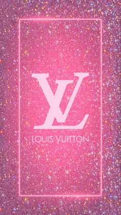 the louis vuitton logo is shown in pink and purple glitters with a square frame