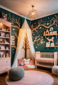 a baby's room decorated in pink, green and white with trees on the wall